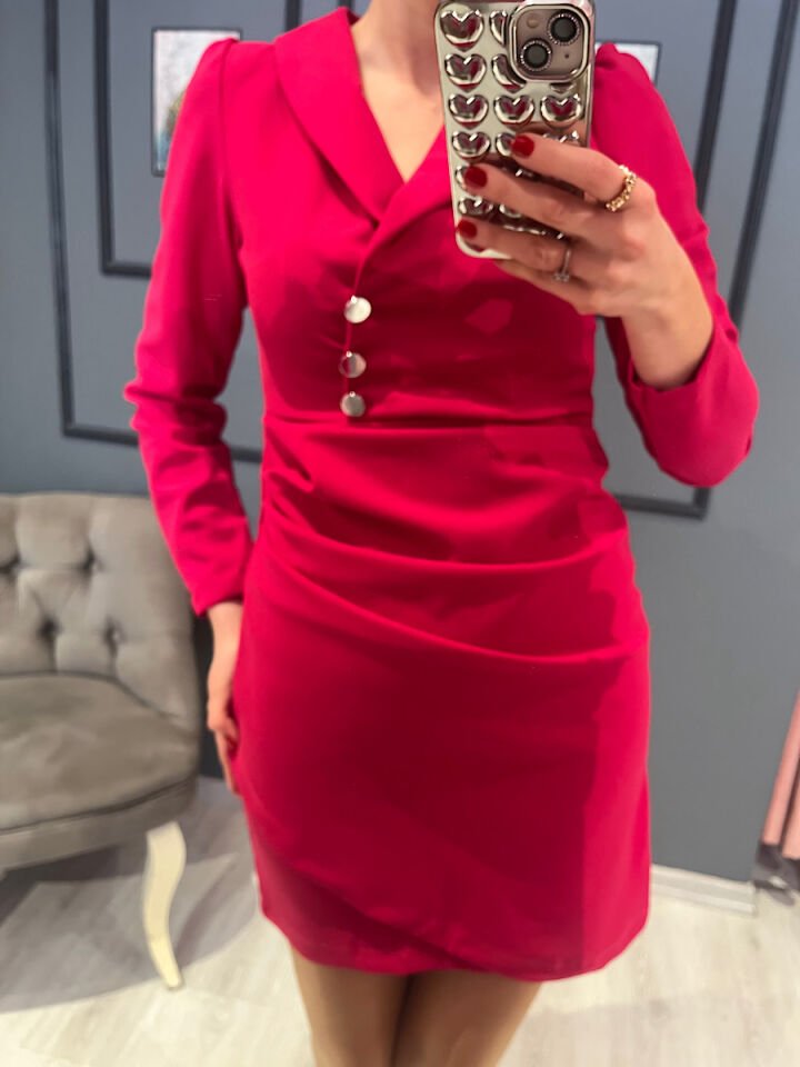 Ceket Yaka Krep Kumaş Elbise-Fuşya