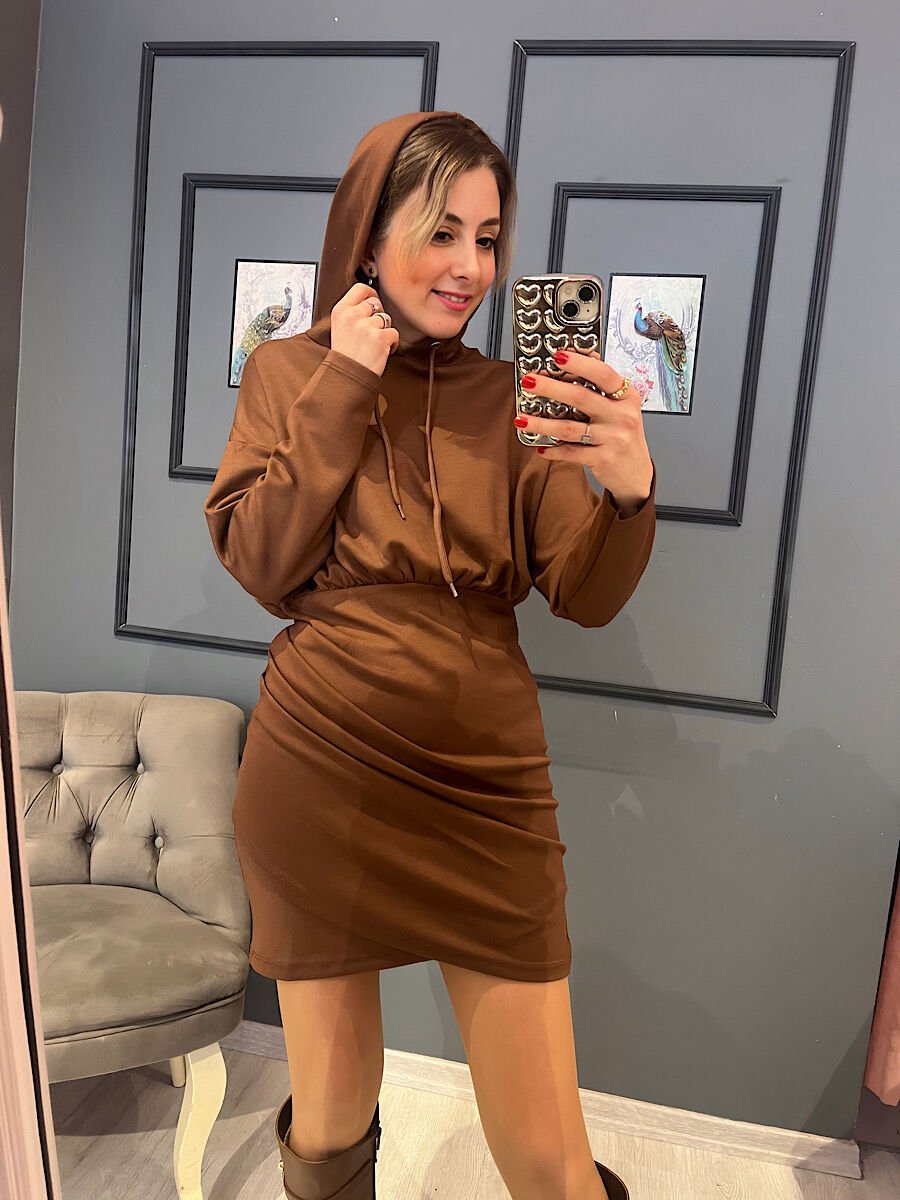 Modal Drapeli Sweat Elbise -Kahve