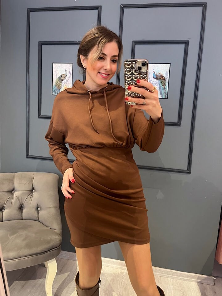 Modal Drapeli Sweat Elbise -Kahve