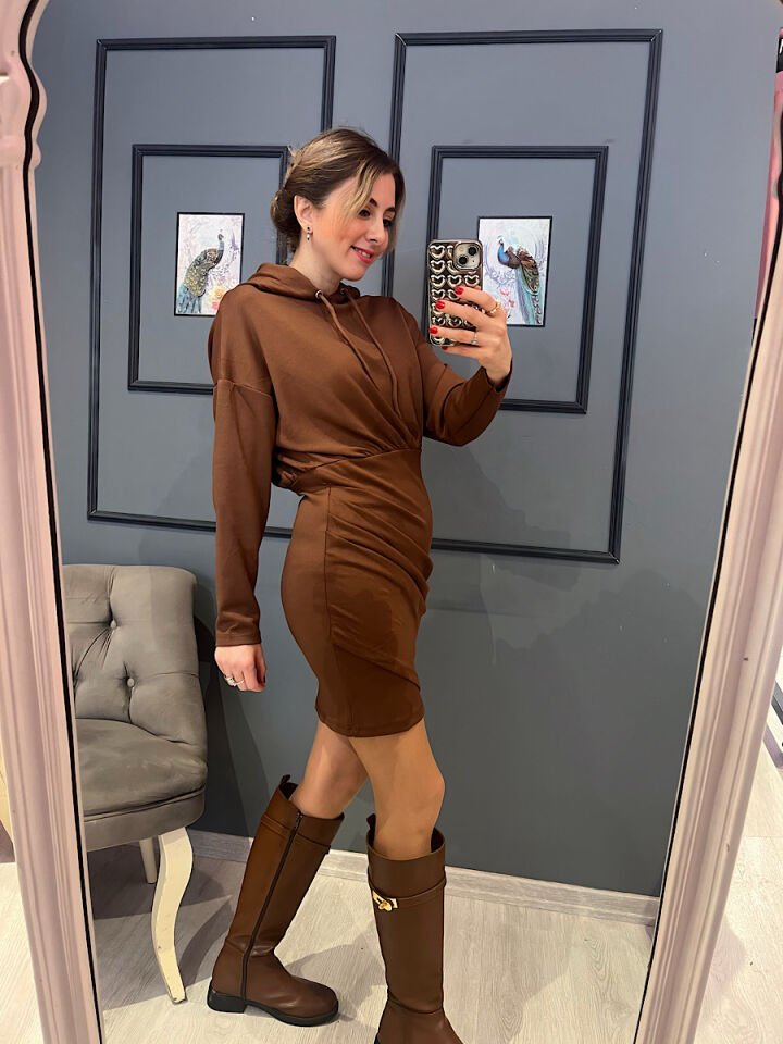 Modal Drapeli Sweat Elbise -Kahve