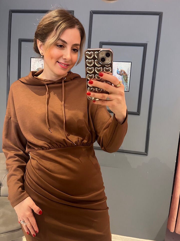 Modal Drapeli Sweat Elbise -Kahve