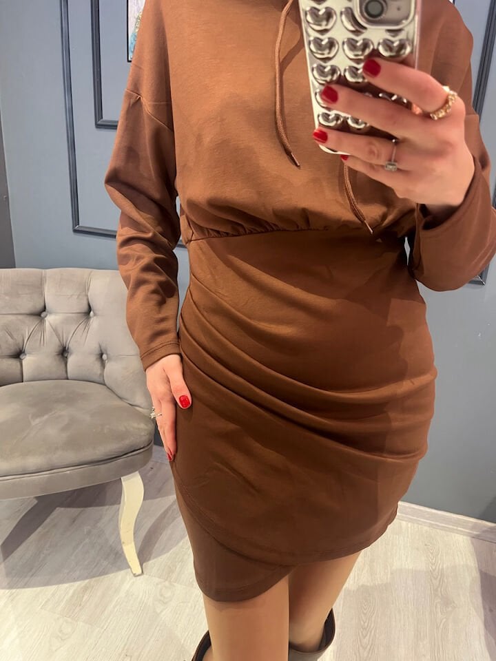 Modal Drapeli Sweat Elbise -Kahve