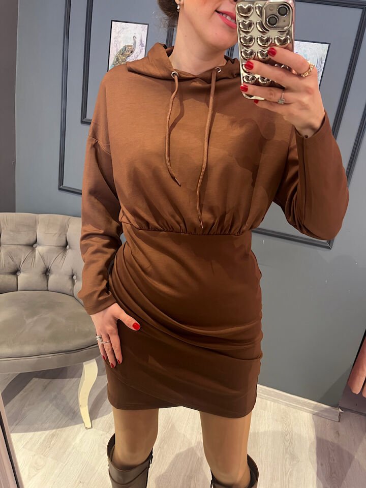 Modal Drapeli Sweat Elbise -Kahve