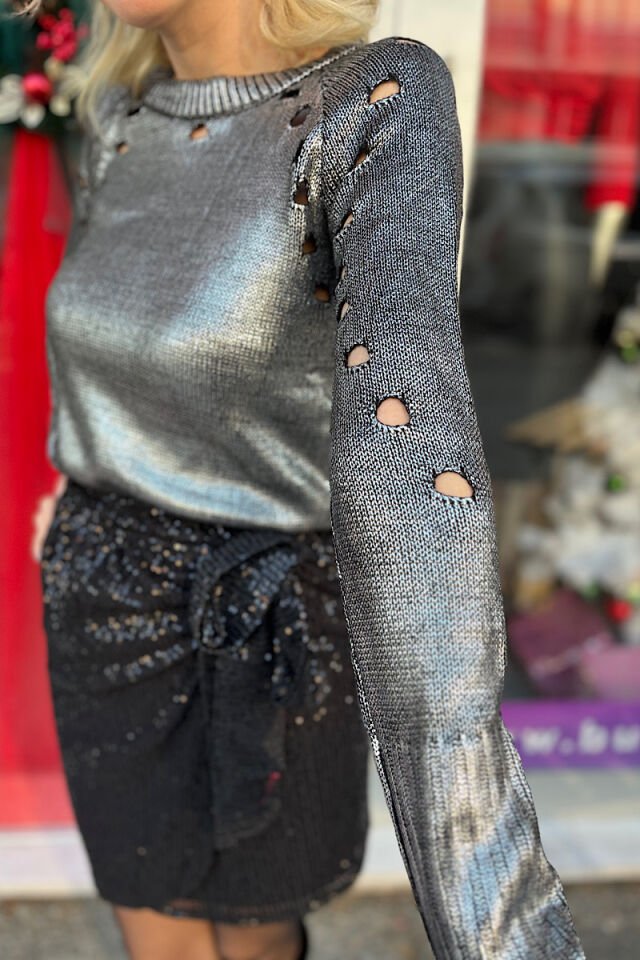 Delikli Metalik Triko-Gümüş