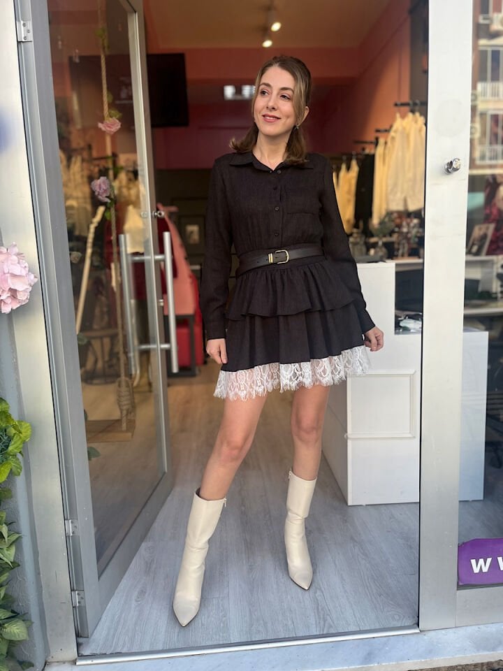 Kat Kat Etek Ucu Dantelli Elbise -Kahve