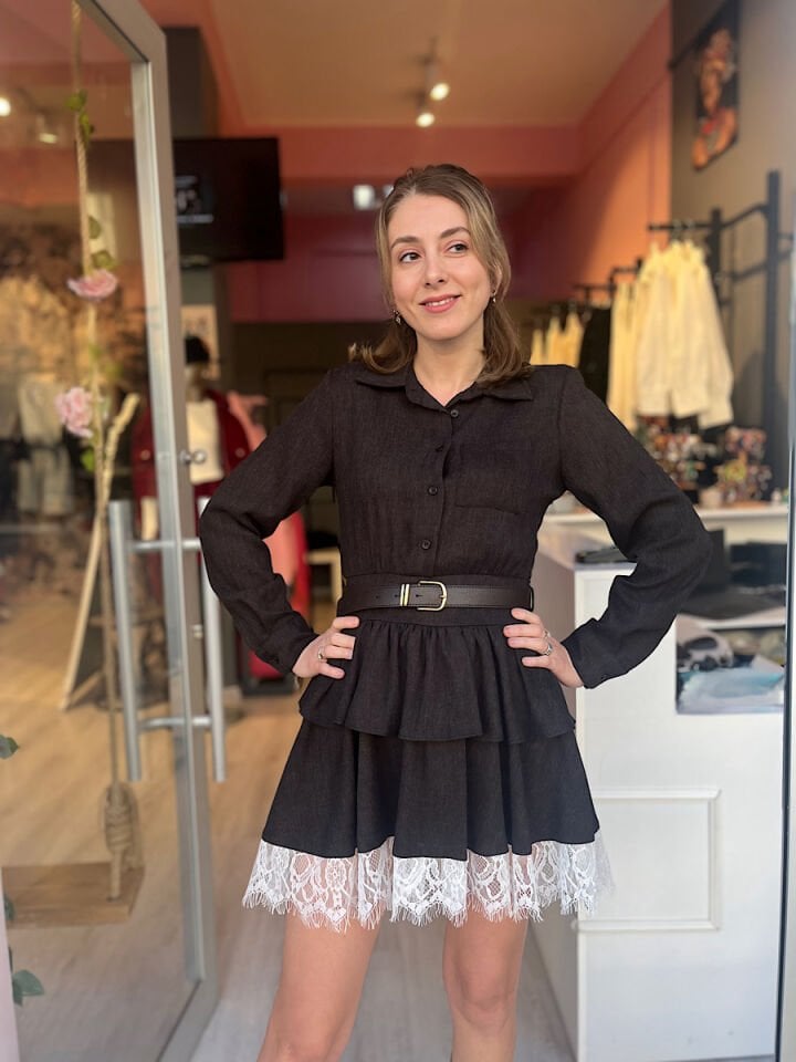 Kat Kat Etek Ucu Dantelli Elbise -Kahve