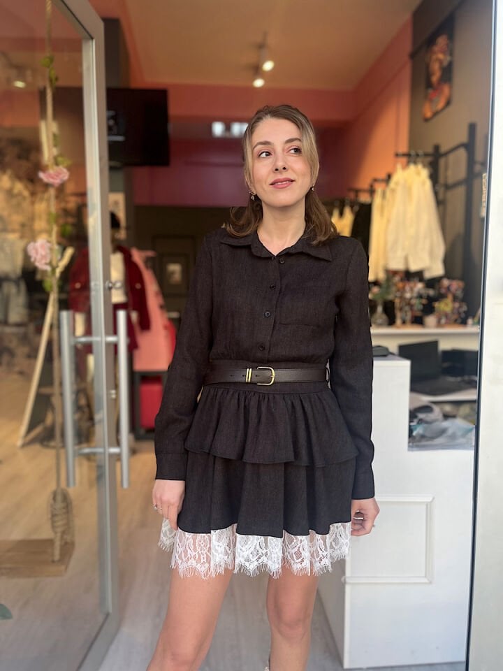 Kat Kat Etek Ucu Dantelli Elbise -Kahve