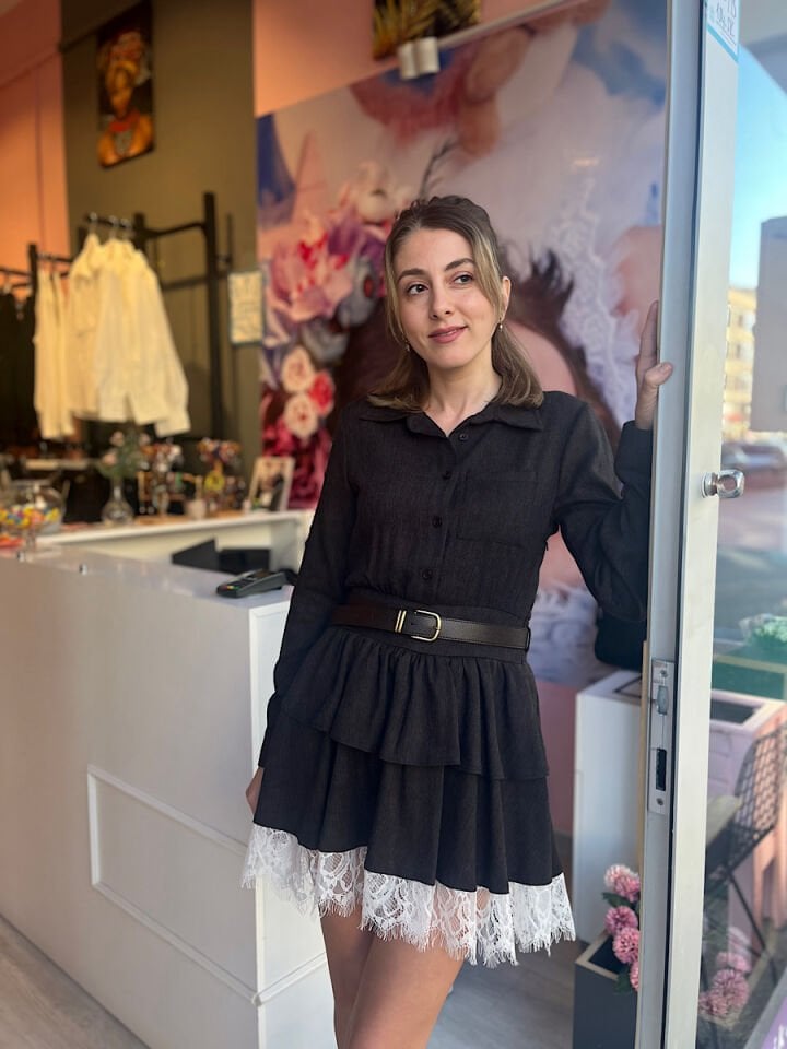 Kat Kat Etek Ucu Dantelli Elbise -Kahve