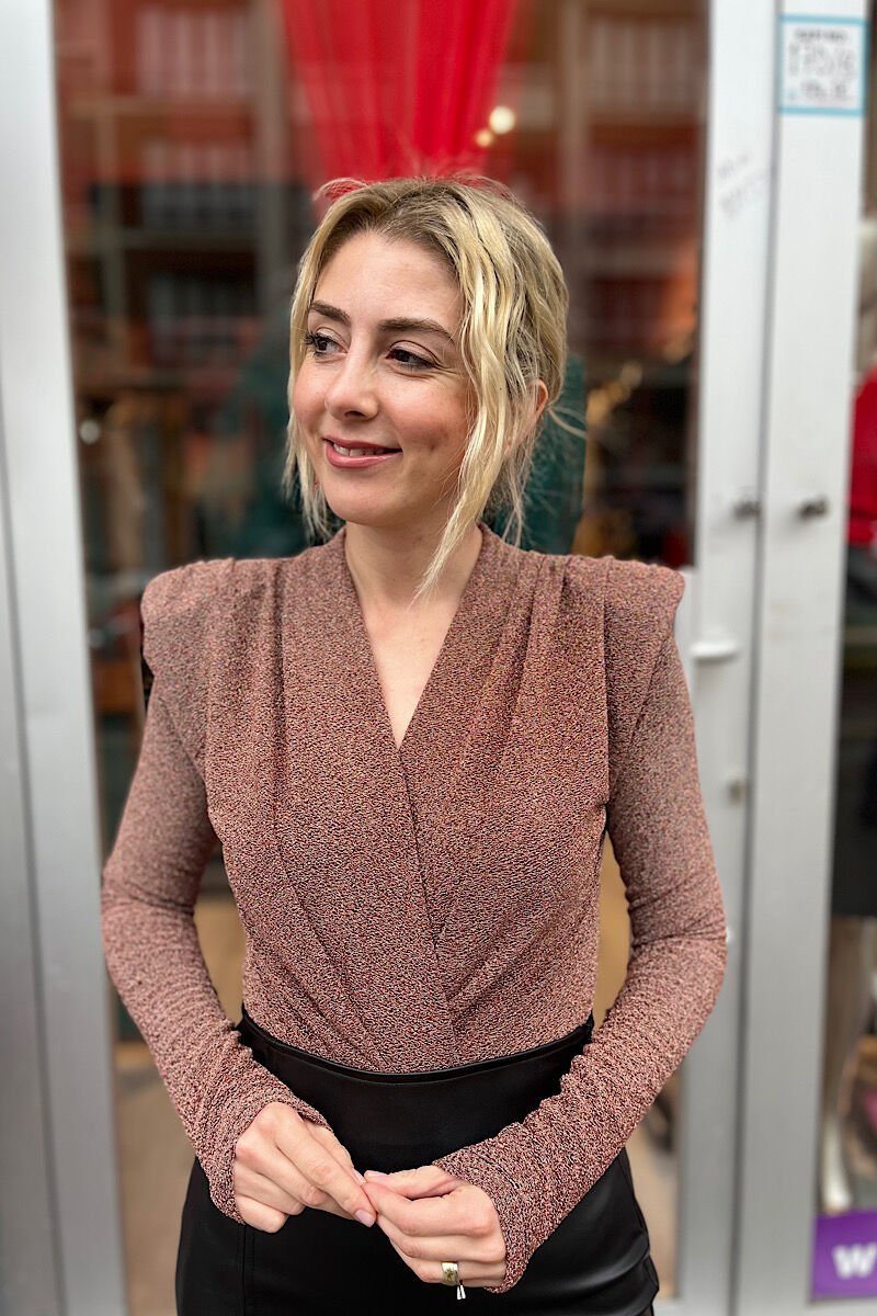 Vatkalı Kruvaze Simli Bluz-Gold