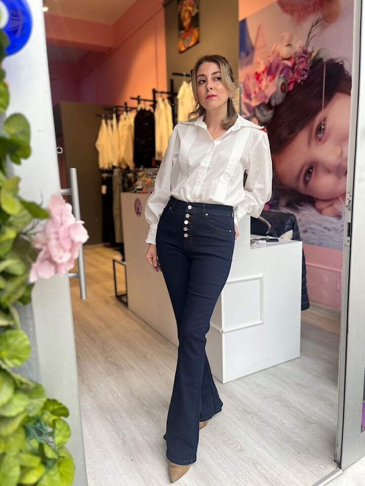 Çok Düğmeli Yüksek Bel İspanyol Jean-Lacivert