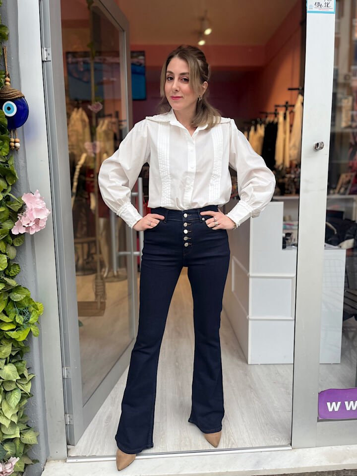 Çok Düğmeli Yüksek Bel İspanyol Jean-Lacivert