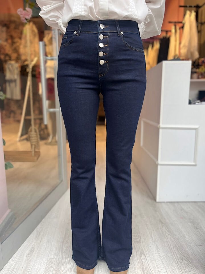 Çok Düğmeli Yüksek Bel İspanyol Jean-Lacivert