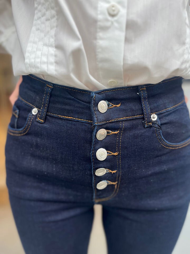 Çok Düğmeli Yüksek Bel İspanyol Jean-Lacivert