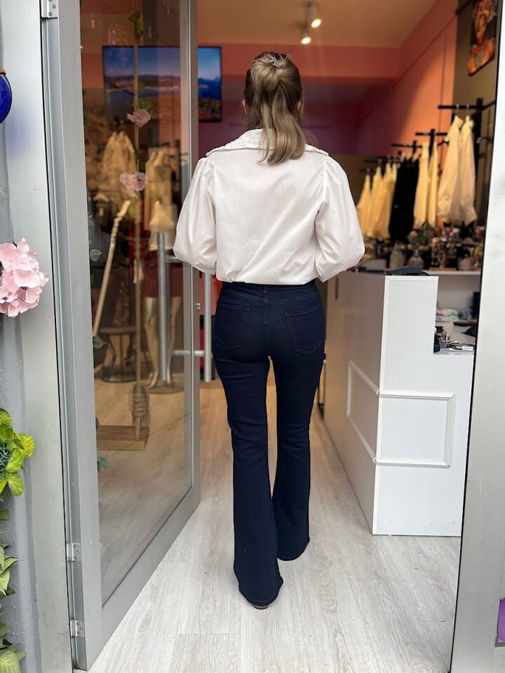 Çok Düğmeli Yüksek Bel İspanyol Jean-Lacivert