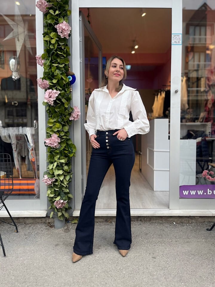 Çok Düğmeli Yüksek Bel İspanyol Jean-Lacivert