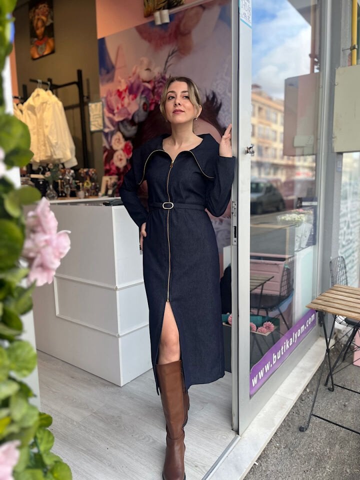 Yaka Detay Fermuarlı Jean Elbise-Lacivert