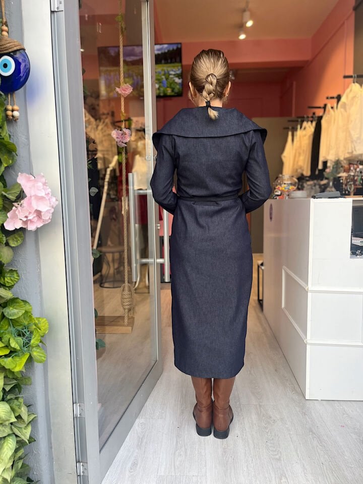 Yaka Detay Fermuarlı Jean Elbise-Lacivert