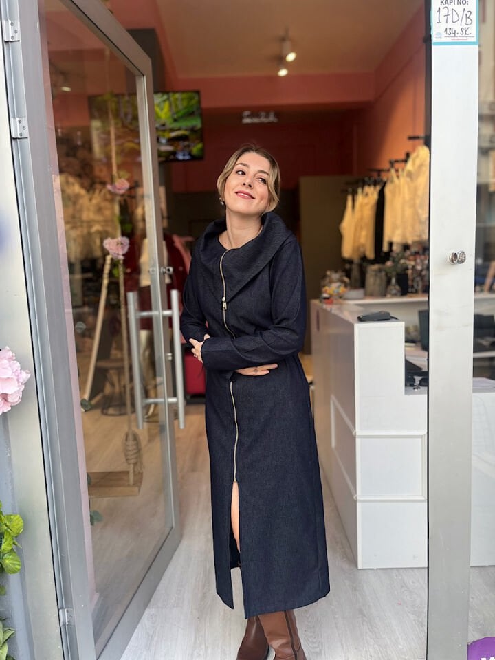 Yaka Detay Fermuarlı Jean Elbise-Lacivert