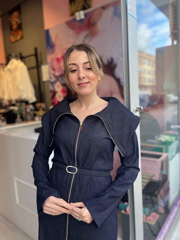 Yaka Detay Fermuarlı Jean Elbise-Lacivert