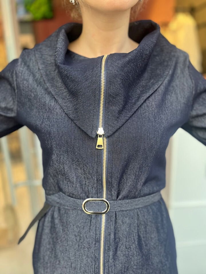 Yaka Detay Fermuarlı Jean Elbise-Lacivert