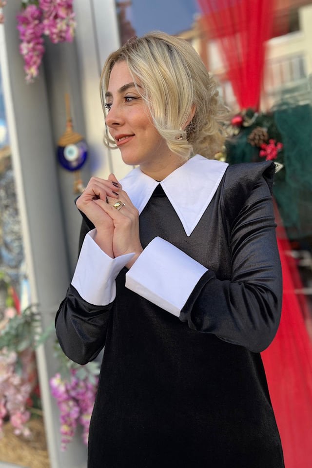 Gömlek Yaka Kadife Elbise-Siyah