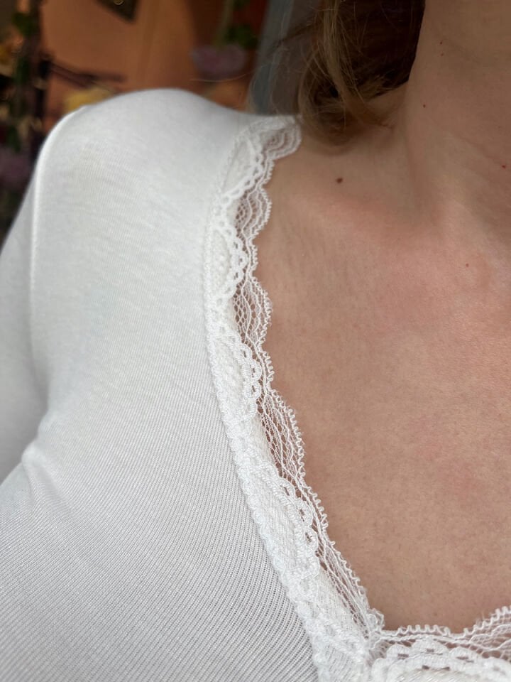 Parmak Geçirmeli Yakası Dantel Body -Ekru