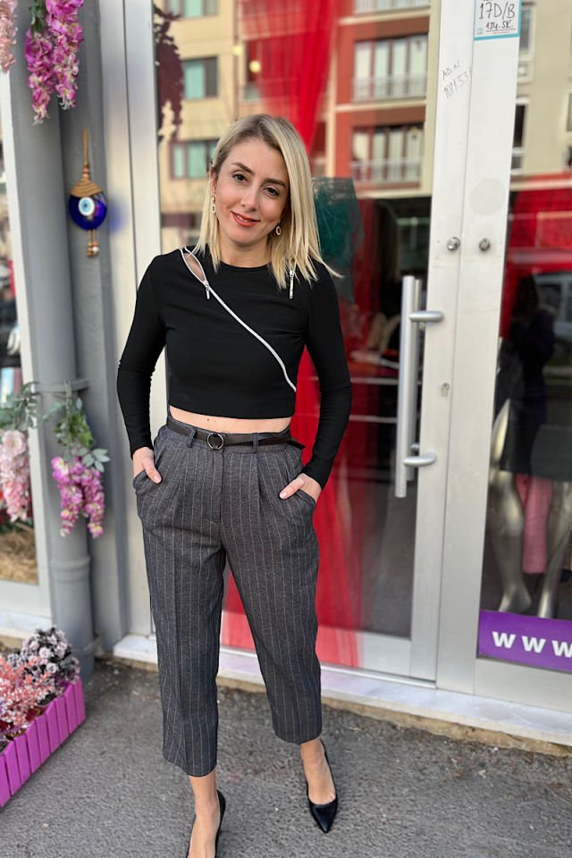 Kemerli Çizgili Pantolon-Füme