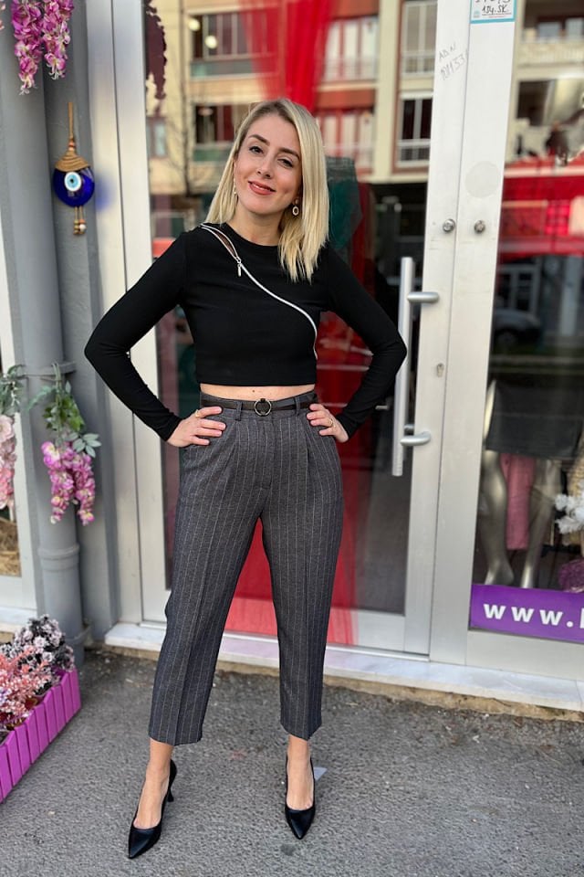 Kemerli Çizgili Pantolon-Füme