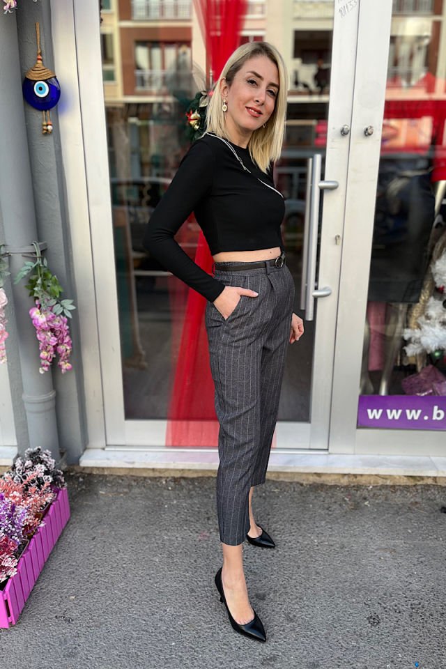 Kemerli Çizgili Pantolon-Füme