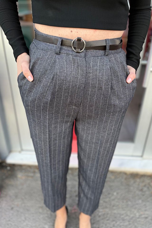 Kemerli Çizgili Pantolon-Füme