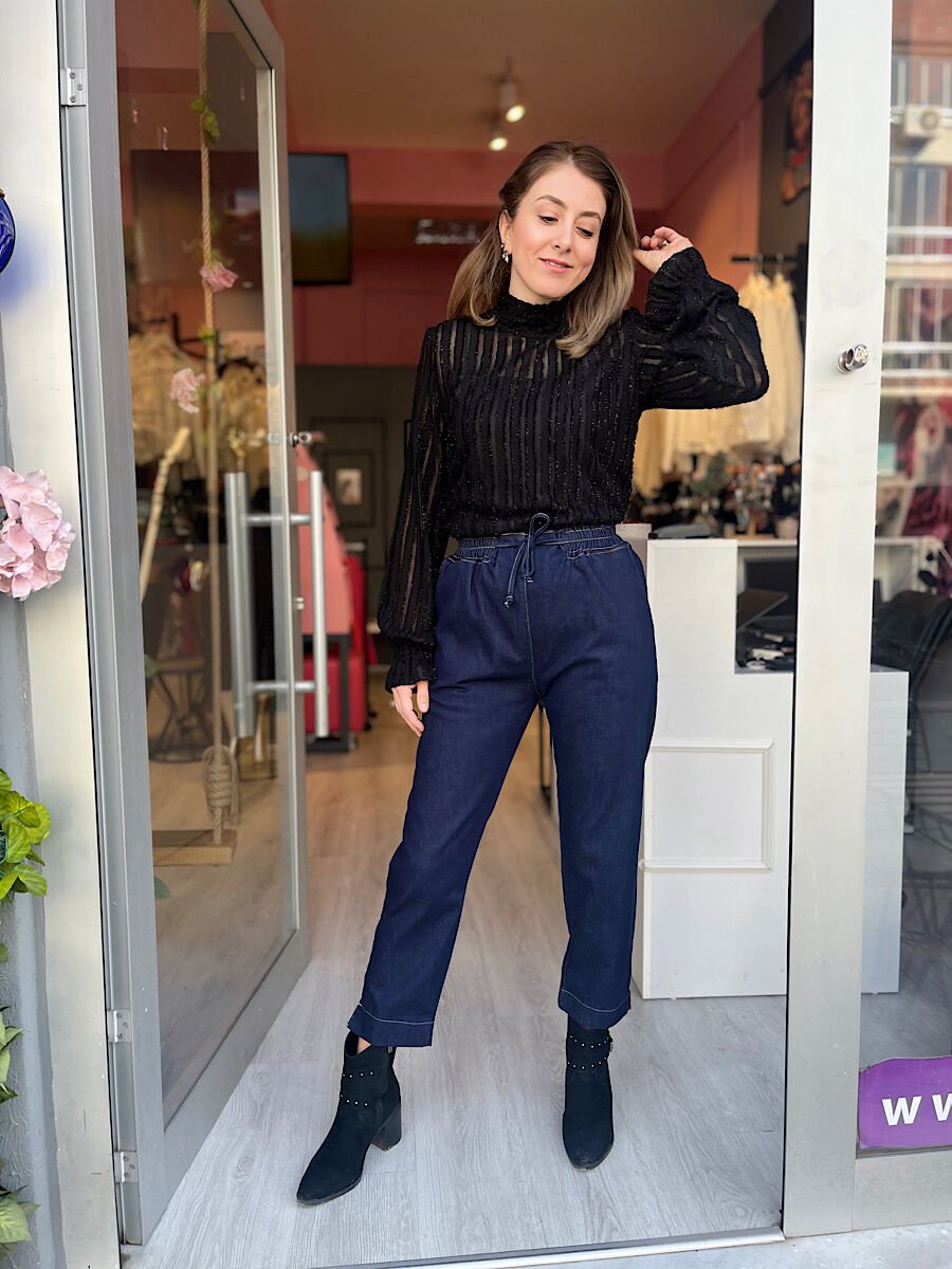 Beli Lastikli Jean Pantolon -Lacivert