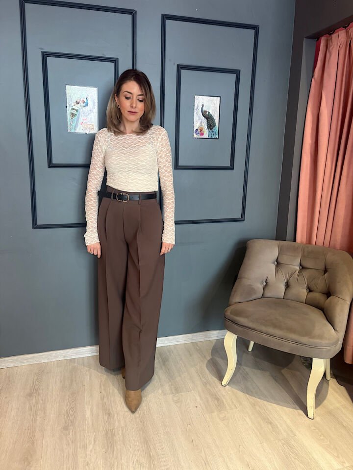 Kemerli Palazzo Pantolon-Kahve