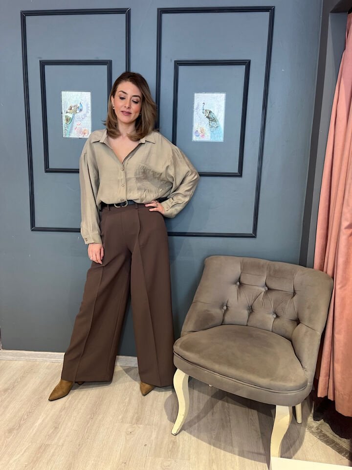 Kemerli Palazzo Pantolon-Kahve