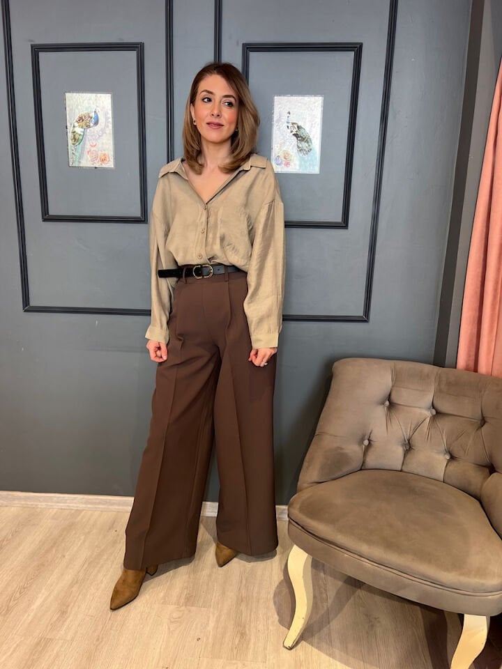 Kemerli Palazzo Pantolon-Kahve