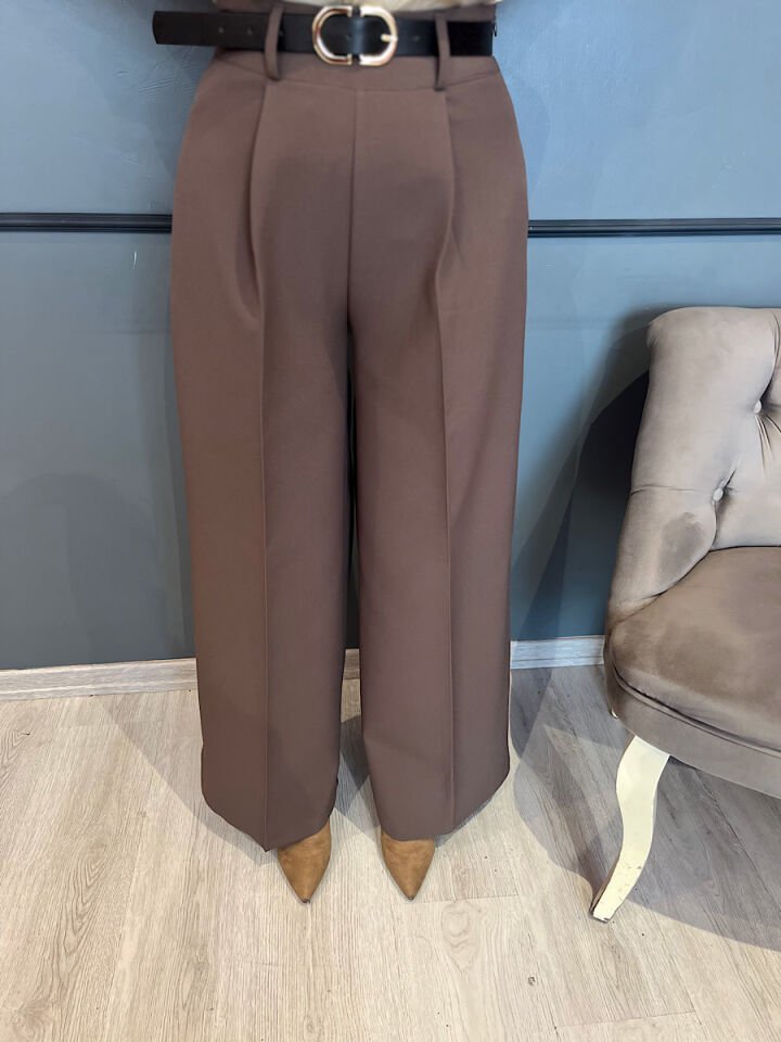 Kemerli Palazzo Pantolon-Kahve
