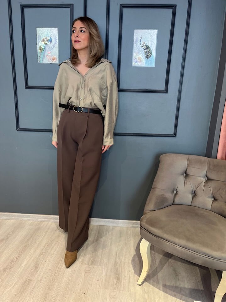 Kemerli Palazzo Pantolon-Kahve