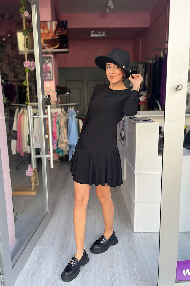 Sandy Volanlı Mini Elbise-Siyah