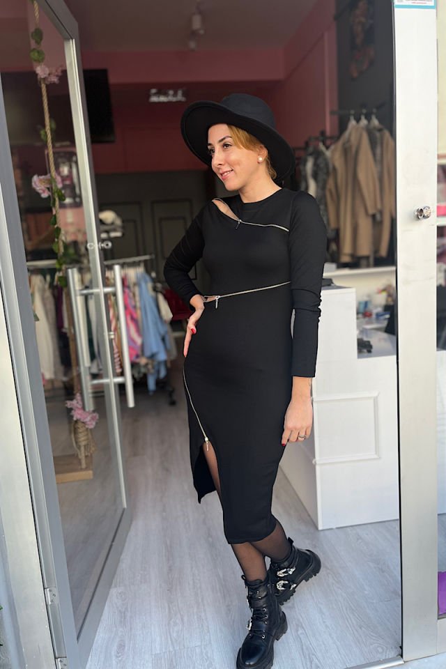 Üç Fermuarlı Çelik Örme Elbise-Siyah