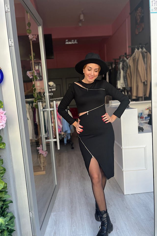 Üç Fermuarlı Çelik Örme Elbise-Siyah