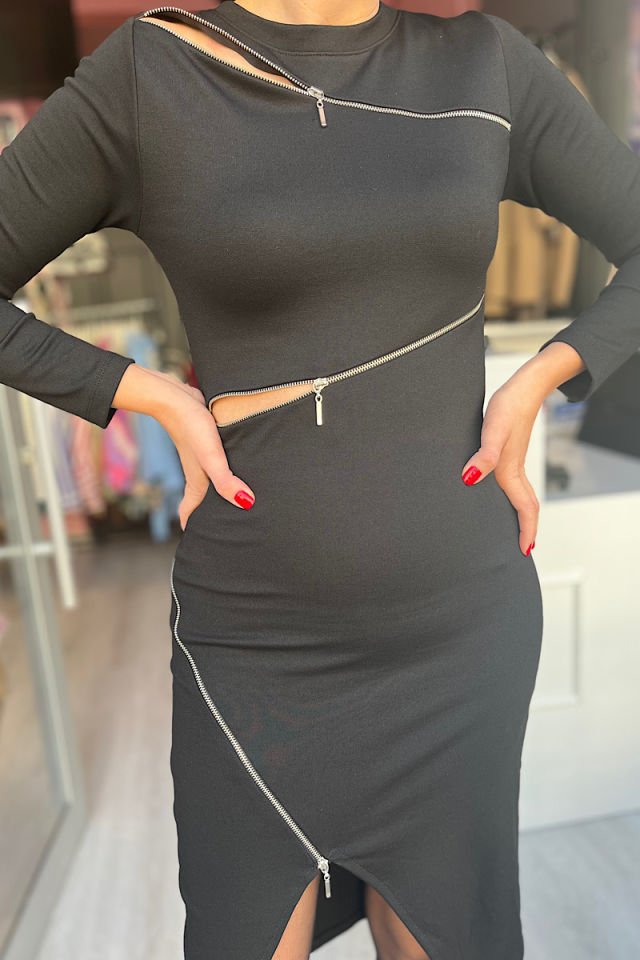 Üç Fermuarlı Çelik Örme Elbise-Siyah