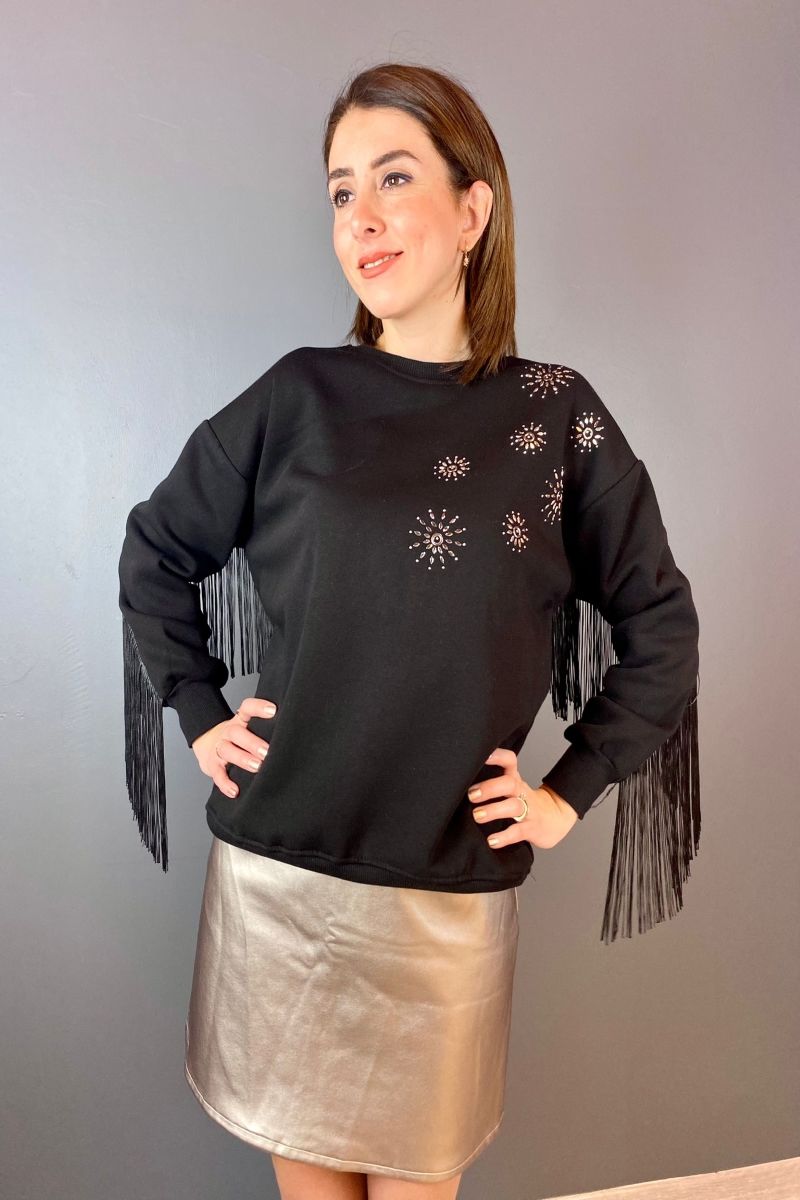 Kol ve Sırt Püsküllü Sweatshirt
