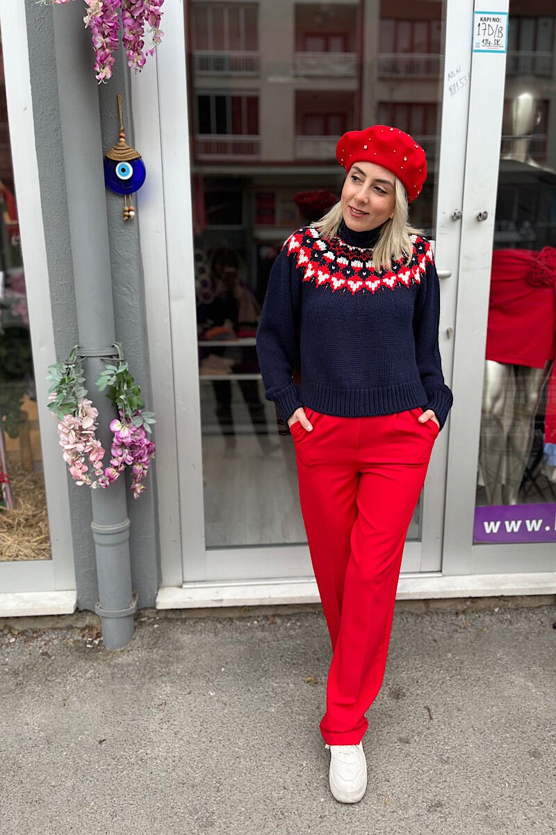 Baklava Desen Balıkçı Kazak-Lacivert