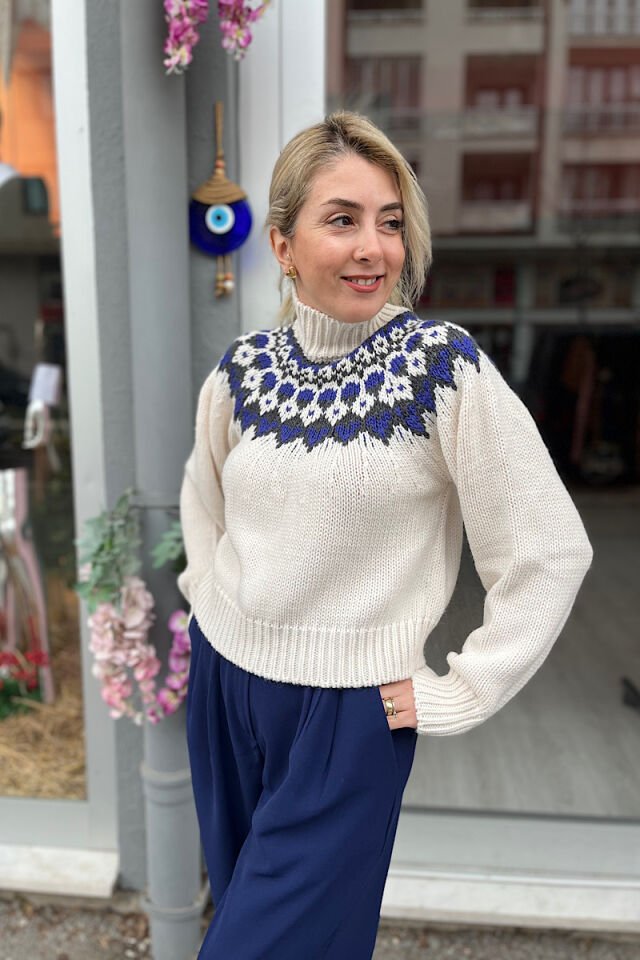 Baklava Desen Balıkçı Kazak-Ekru