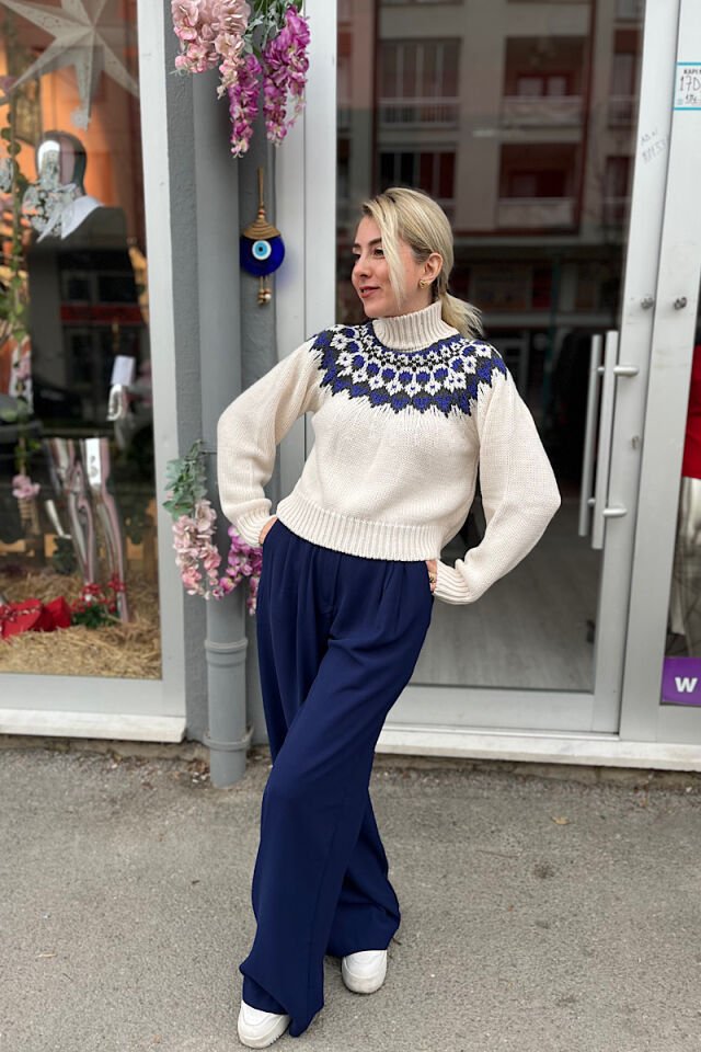 Baklava Desen Balıkçı Kazak-Ekru