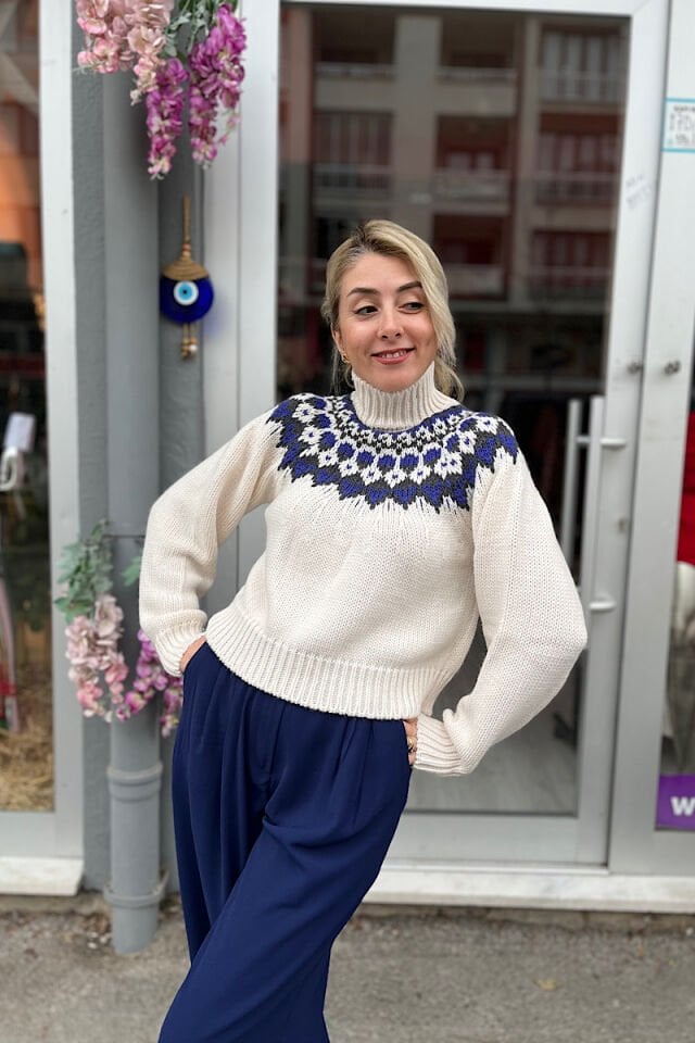 Baklava Desen Balıkçı Kazak-Ekru