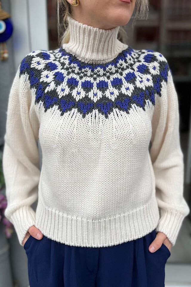 Baklava Desen Balıkçı Kazak-Ekru