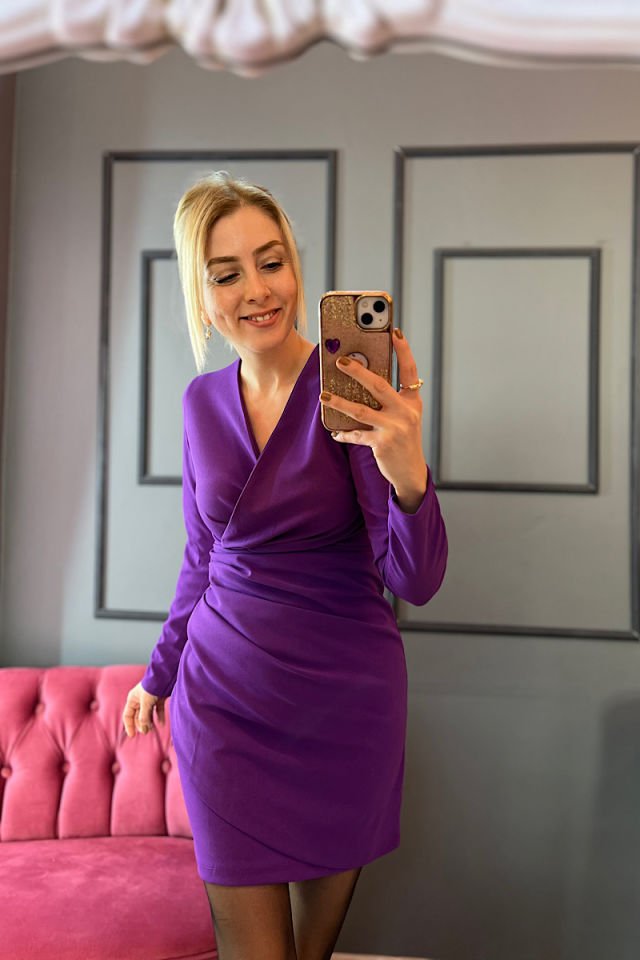 Kruvaze Drapeli Mini Elbise-Mor