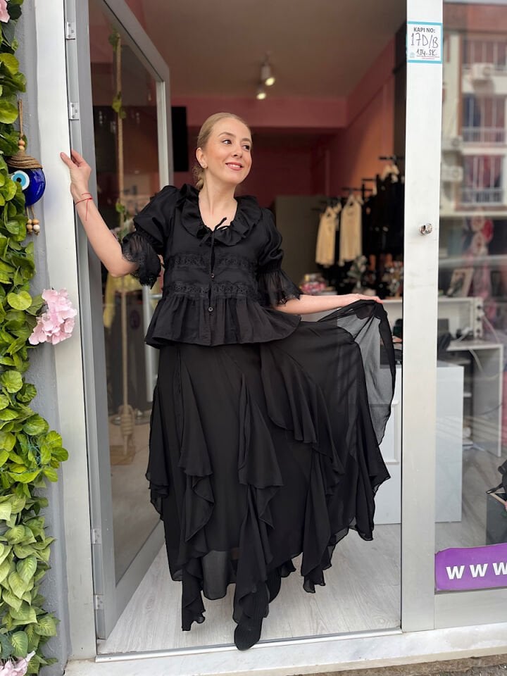 Fırfırlı Maksi Etek -Siyah