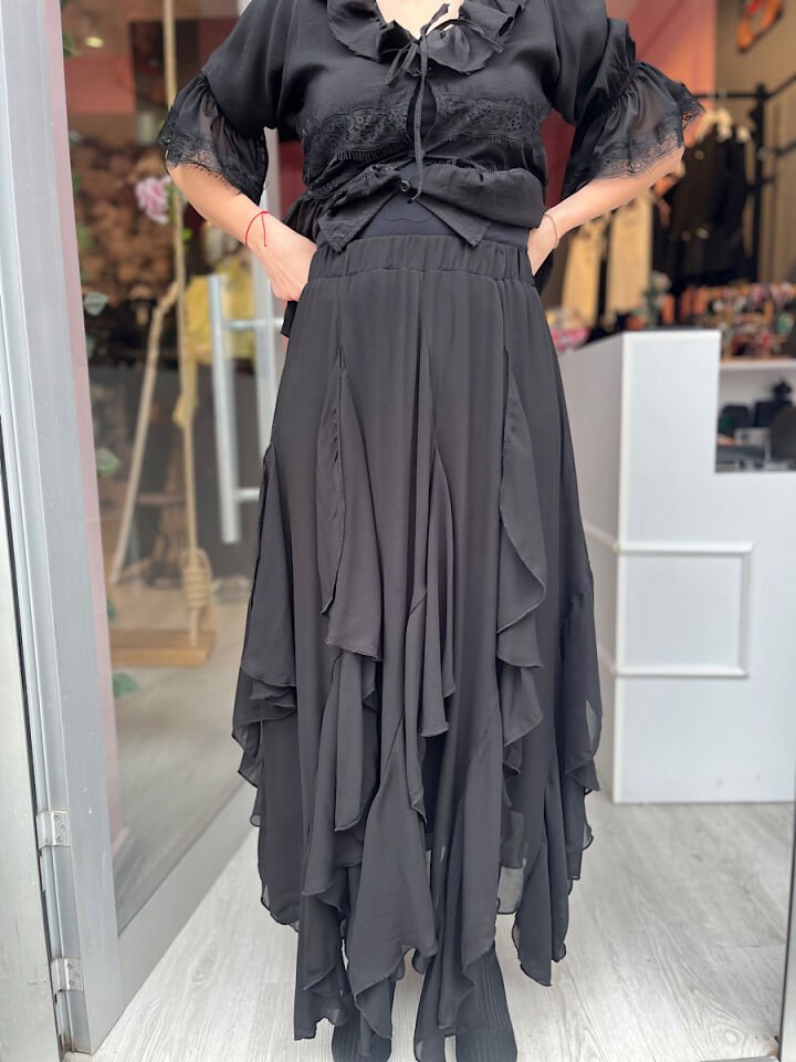 Fırfırlı Maksi Etek -Siyah