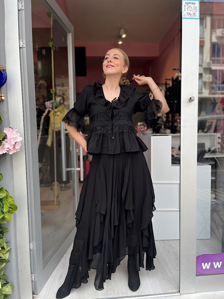 Fırfırlı Maksi Etek -Siyah